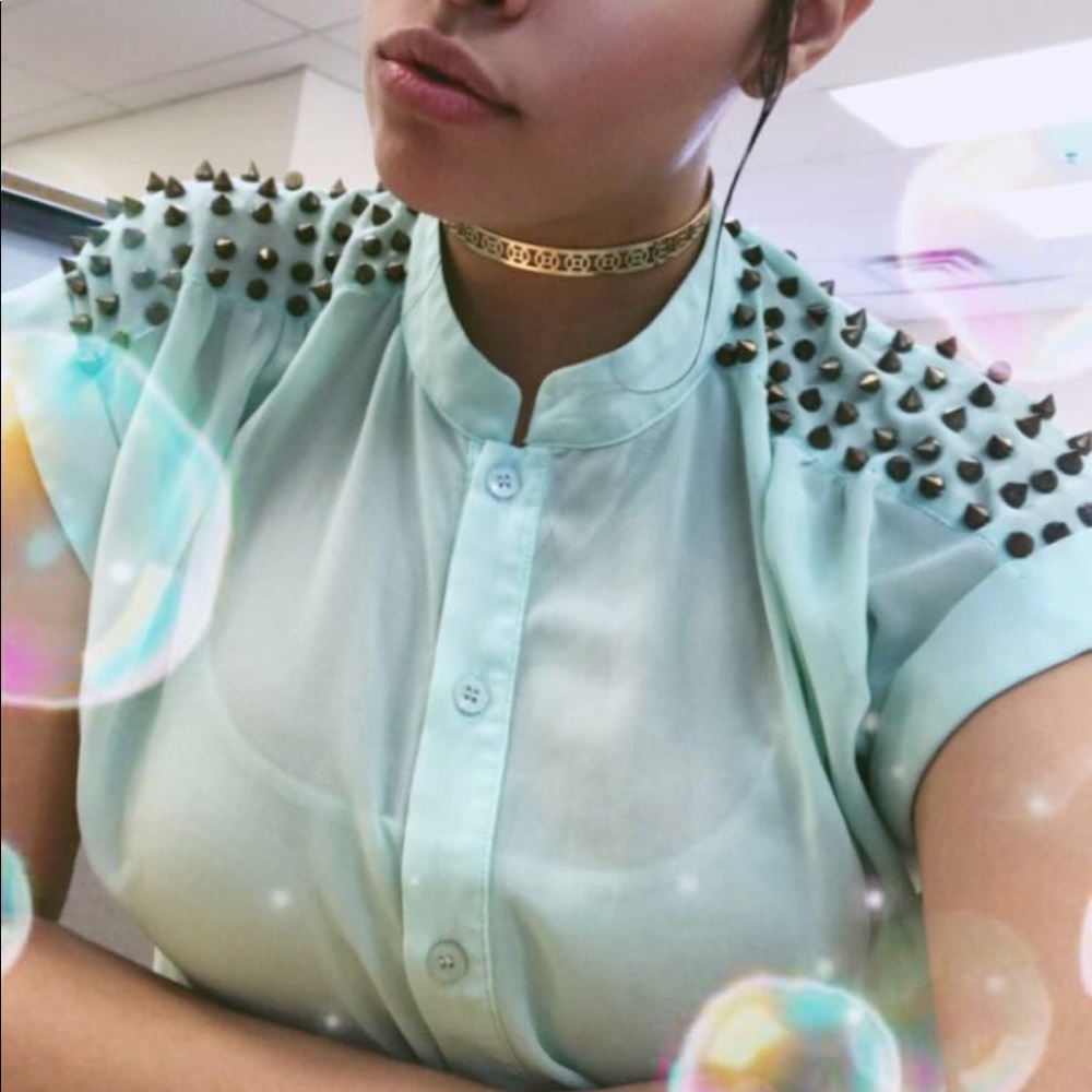 Sheer button mint green top